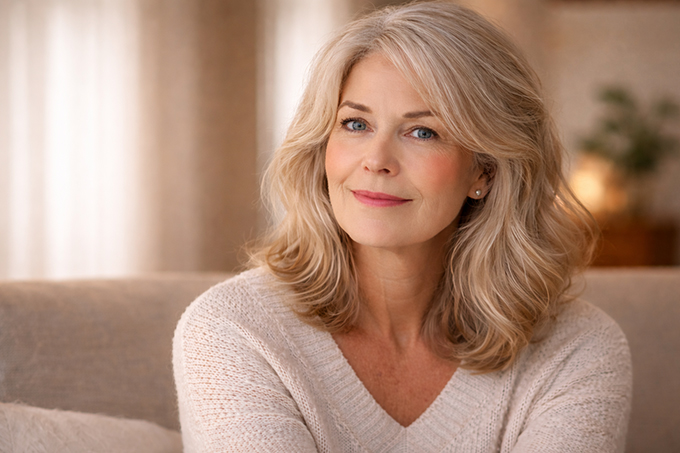 Cuidado de la piel durante la menopausia Mujer en etapa de menopausia representando el cuidado de la piel y el bienestar femenino